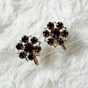 Vintage Purple Rhinestone Flower Screw Back Earrings
